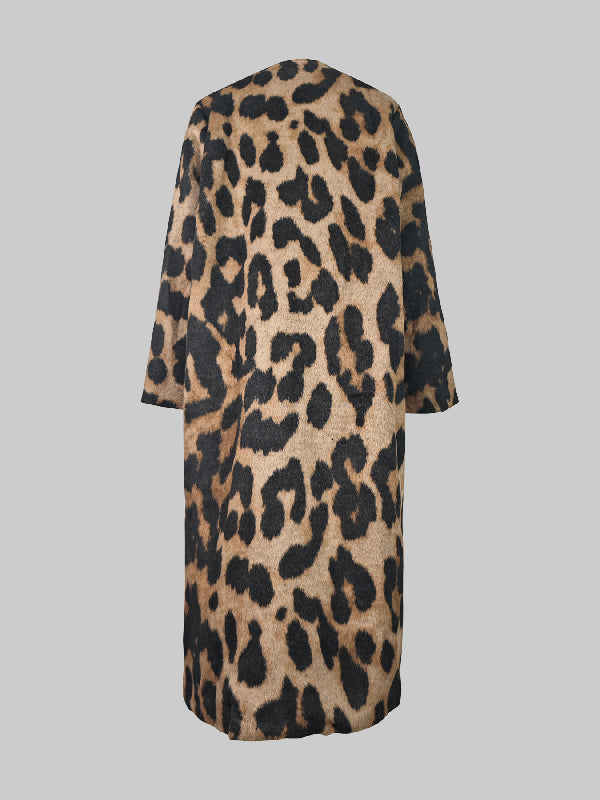 BXOXO Long Sleeves Loose Buttoned Leopard Pockets Split-Joint V-Neck Outerwear Trench Coats