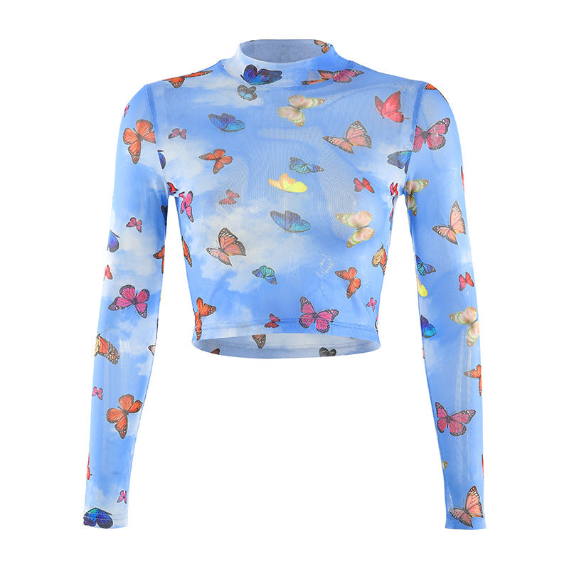 hipster Women's Mesh Hollow Butterfly Print Long-Sleeved Cropped T-shirt Bottoming Shirt for Women