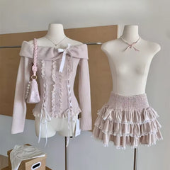 BXOXO Fall Winter Women Korea Kpop Mori Girl 2000s Aesthetic Outfits 2 Piece Set Long Sleeve Off Shoulder Coquette Tops + Mini Skirt