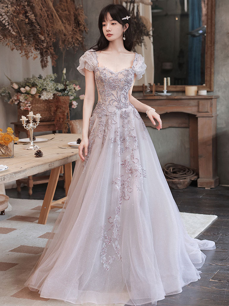 BXOXO Elegant Tulle Sequin Beads Long Prom Dress Tulle Formal Dress