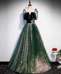 BXOXO Green Tulle Lace Long Prom Dress Green Tulle Lace Formal Dress