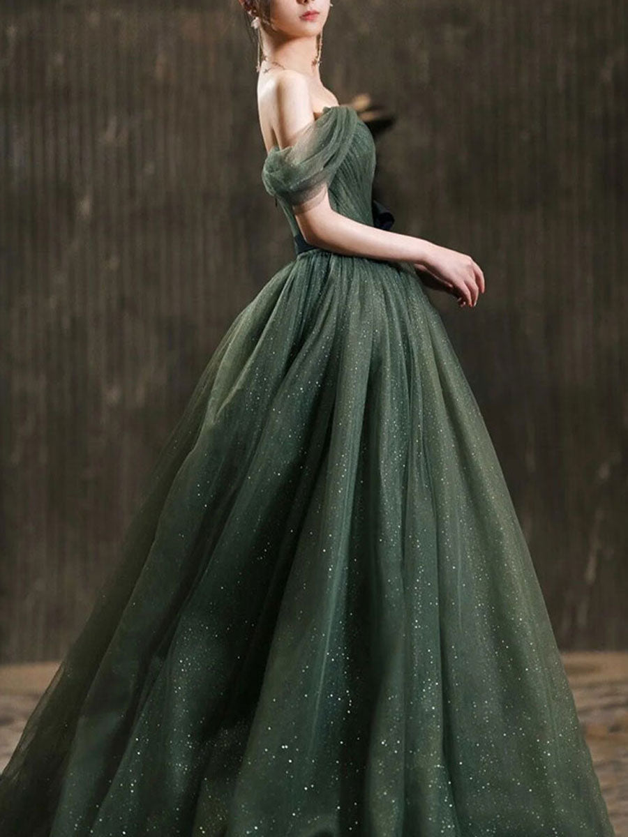 BXOXO Simple Green Sweetheart Tulle Long Prom Dress, Green Formal Dresses