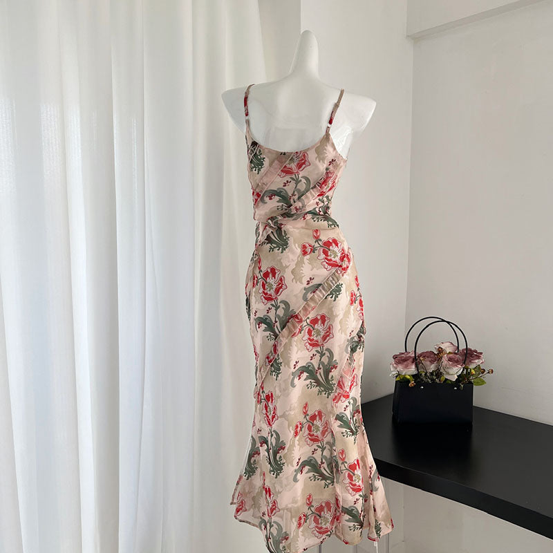 BXOXO - summer inspo Women Sexy V-Neck Ruffles Floral Print Suspender Dresses 2025 Summer High Waist Hotsweet Beach Mermaid Dress Vestido