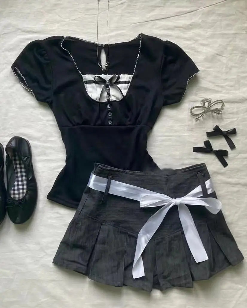 BXOXO 2000s FemmeKawaii High waist Pleated skirt Y2k Punk Sexy Slim Streetwear Bow Mini Skirts Emo Girl Gothic Women Vintage Clothes