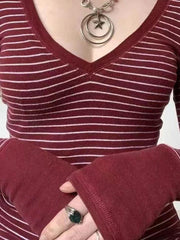 Striped V Neck Knit Long Sleeve Tee