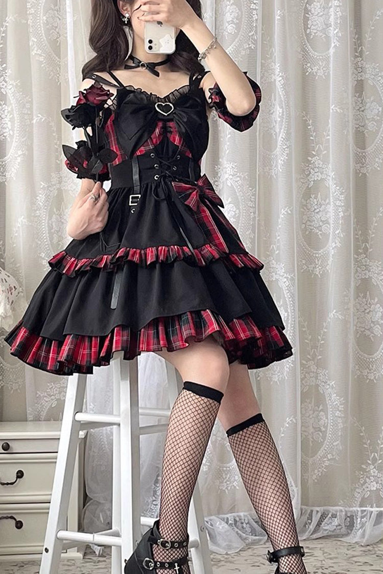 BXOXO - Black/Red Plaid Print Color Contrast Leather Buckle Bowknot Ruffle Gothic Lolita JSK Dress