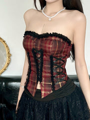 BXOXO - summer inspo Christmas Red Plaid Lace Trim Bandage Women’s Straps Tops Skinny Hotsweet Festive Atmosphere Blouses Fashion Trendy