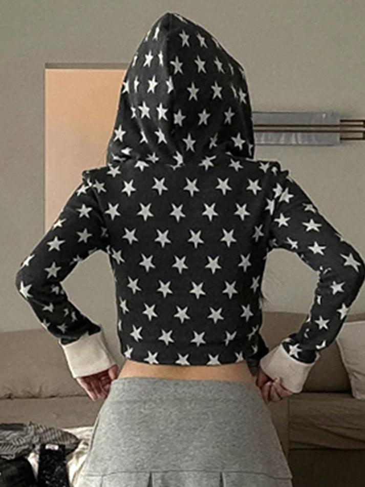 BXOXO - Star Print Contrast Zip-Up Hooded Sweatshirt