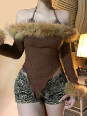 BXOXO - summer inspo Slim Fit Sexy Halter Fake Two Piece Women’s Tops Fashion Patchwork Faux Slash Collar Long Sleeves Autumn Blouses