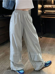 BXOXO Y2k Baggy Parachute Pants Women Vintage Wide Leg Pleated Cargo Trousers Joggers Casual Gray Oversized Summer Streetwear