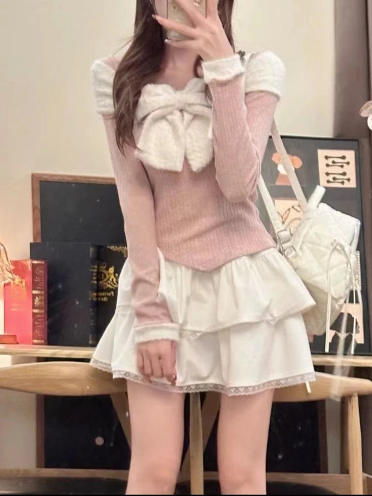 BXOXO Autumn Winter Women Korean Fashion Ballet Core Girl Outfits 2 Piece Set Long Sleeve Sweet Bow Crop Tops + Mini Skirt Coquette