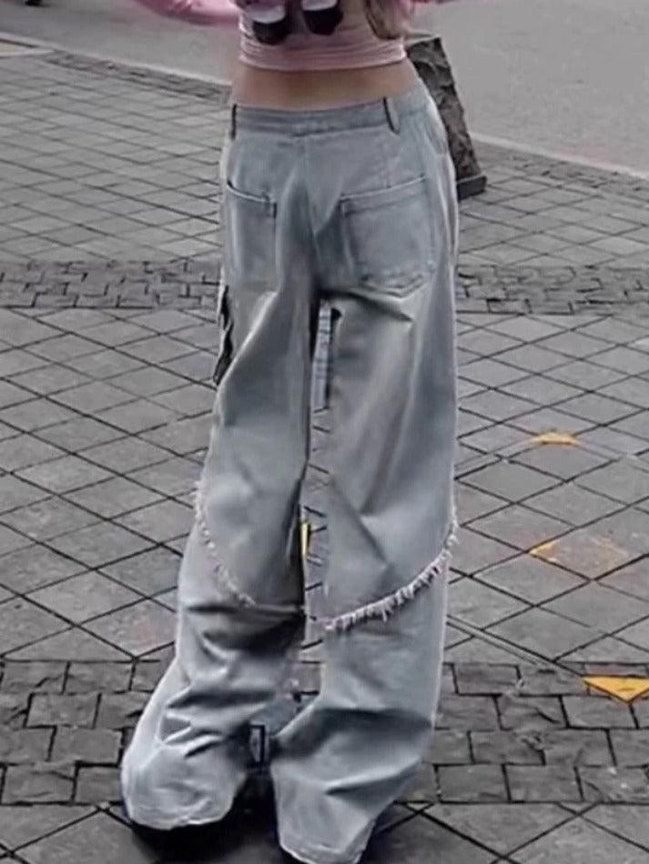 Street Ripped Pocket Raw Trim Cargo Jeans