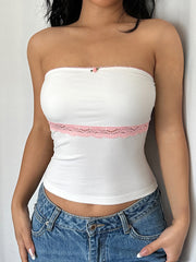 BXOXO - summer inspo Sweet Y2K Contrast Lace Strapless White Tube Top Women 2000s Cute Kawaii Cropped Vest
