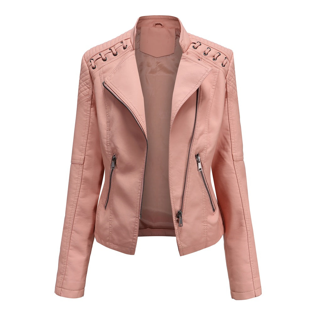 2000s fashion European Size New Spring and Autumn Women's Leather Jacket Women's Short Jacket Slim Thin Leather Jacket Women's Motorcycle Clothing