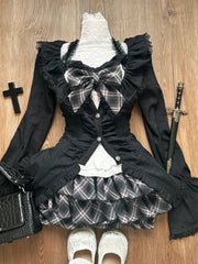 BXOXO 2000s American Vintage Suits Women Design Black Shirts Long Sleeve Cardigan + High Waist Plaid Skirt 3 Piece Suit Korean Fashion
