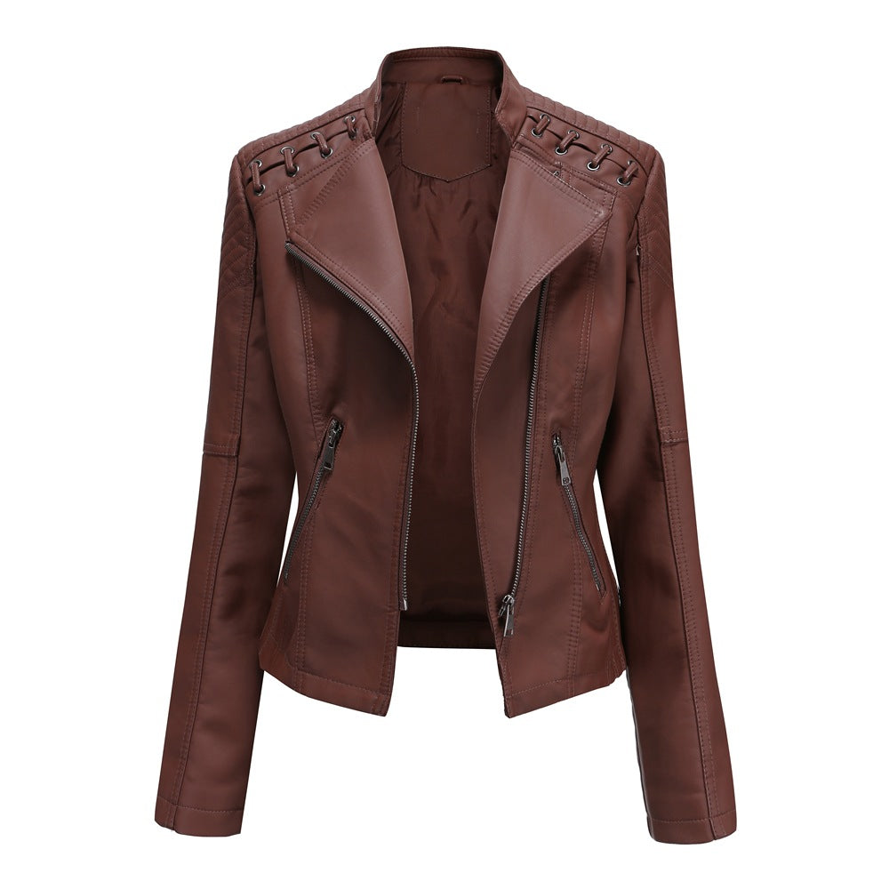 2000s fashion European Size New Spring and Autumn Women's Leather Jacket Women's Short Jacket Slim Thin Leather Jacket Women's Motorcycle Clothing