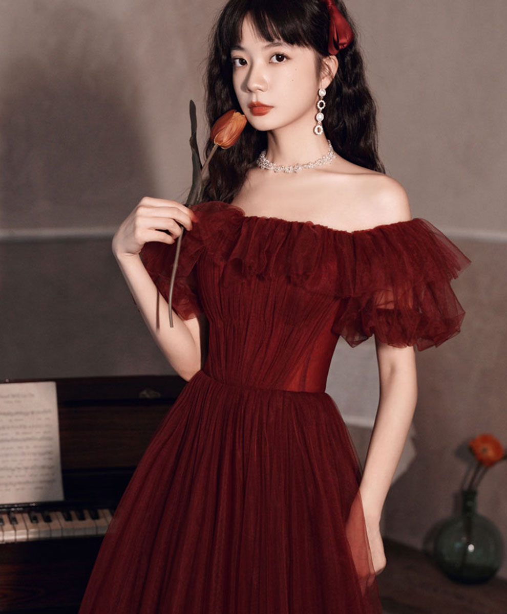 BXOXO Simple Burgundy Off Shoulder Tulle Long Prom Dress Burgundy Evening Dress