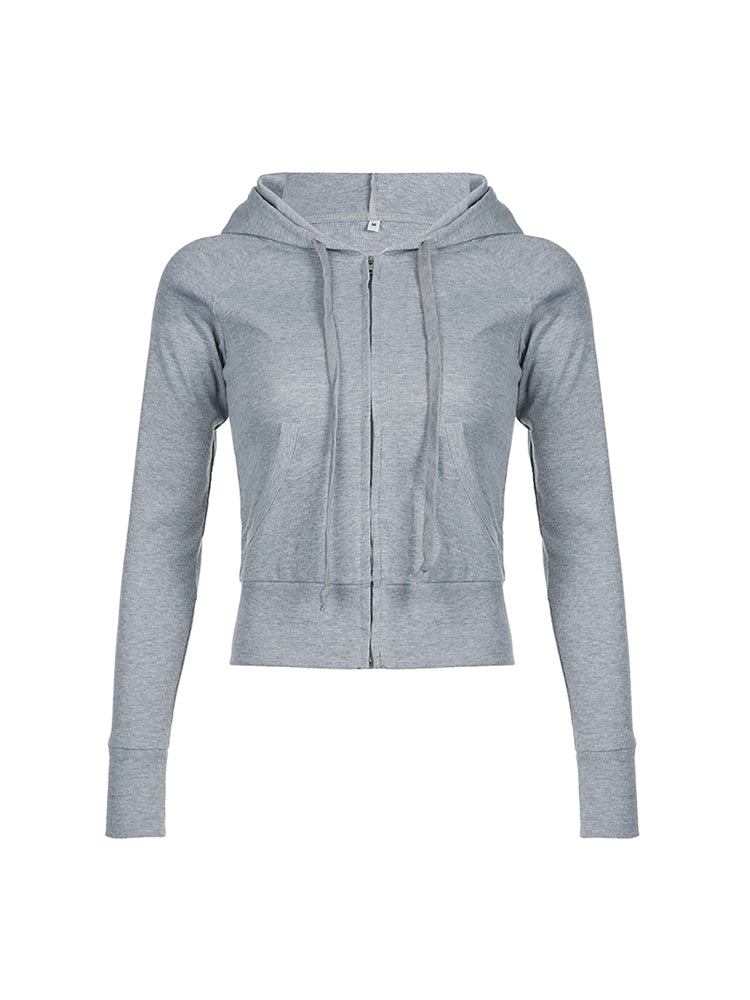 BXOXO - summer inspo Sweetown Gray Slim Zip Up Jackets Hoodies For Women Pockets Long Sleeve Ribbed Solid Simple Basic Casual Preppy Sweatshirts