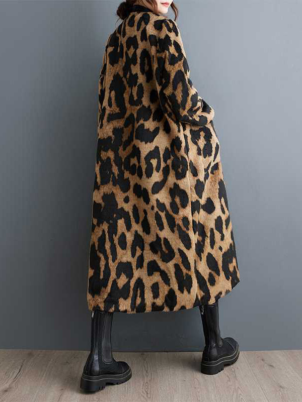 BXOXO Long Sleeves Loose Buttoned Leopard Pockets Split-Joint V-Neck Outerwear Trench Coats