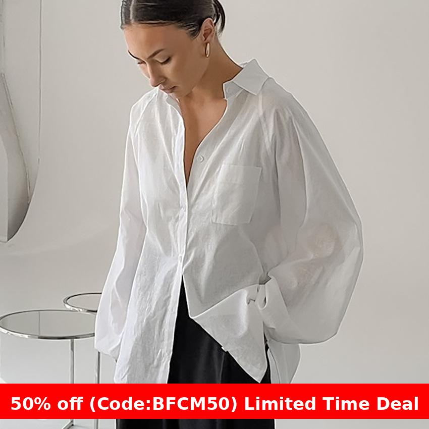 casual dinner outfit fall Fashionable Classic White Cotton and Linen Loose Lapel Lantern Sleeve Pocket Top Autumn and Winter Elegant Women's Shirt