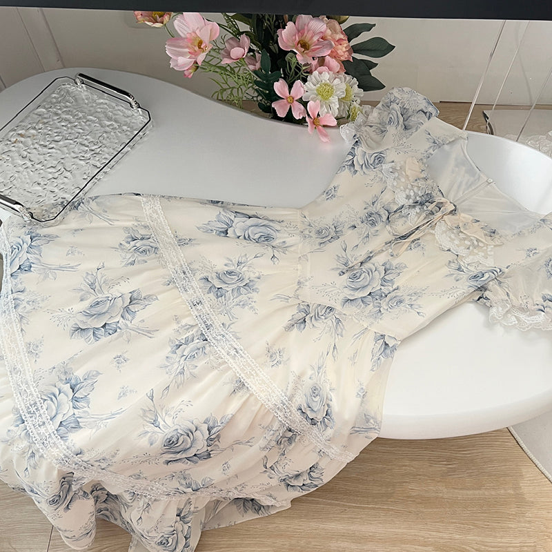 BXOXO - summer inspo Elegant Vintage Beach Long Dress Women Retro Floral Elegant Party Dresses Ladies Slim Short Sleeve Sweet Long Robe Vestidos