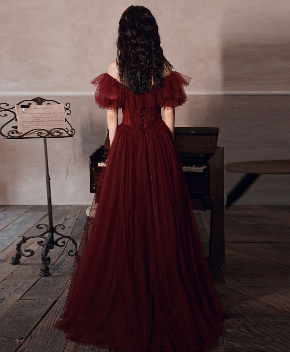 BXOXO Simple Burgundy Off Shoulder Tulle Long Prom Dress Burgundy Evening Dress