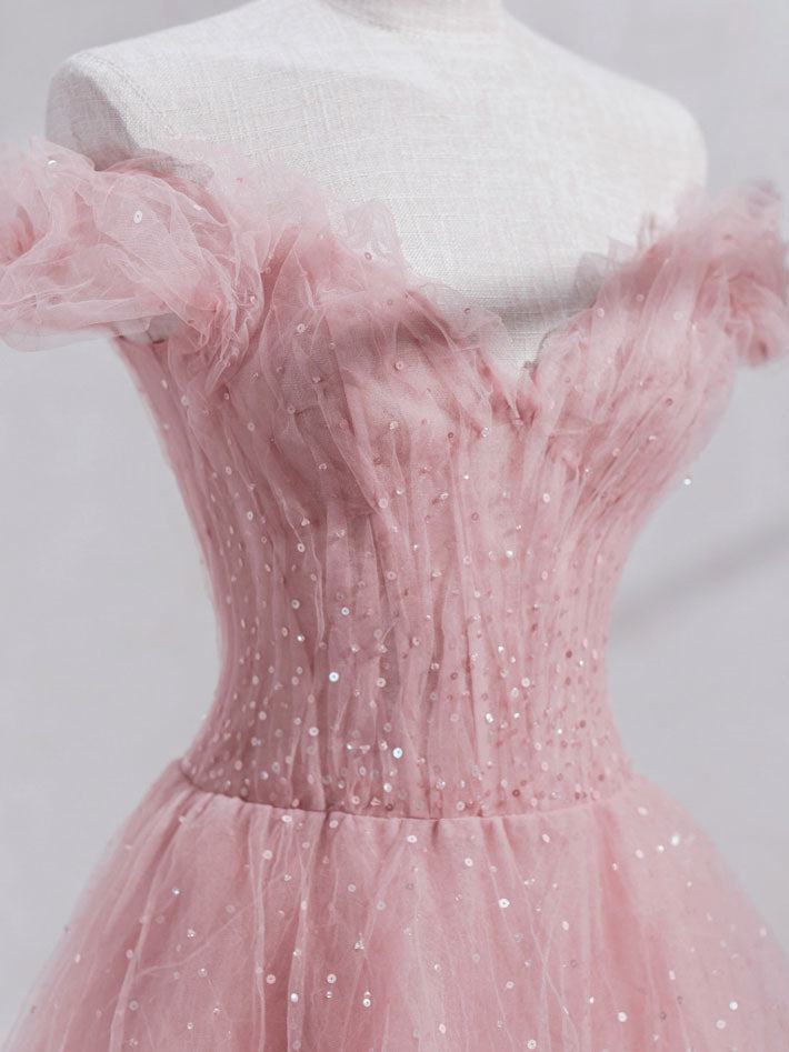 BXOXO Pink Off Shoulder Tulle Tea Length Prom Dress, Tulle Formal Dress