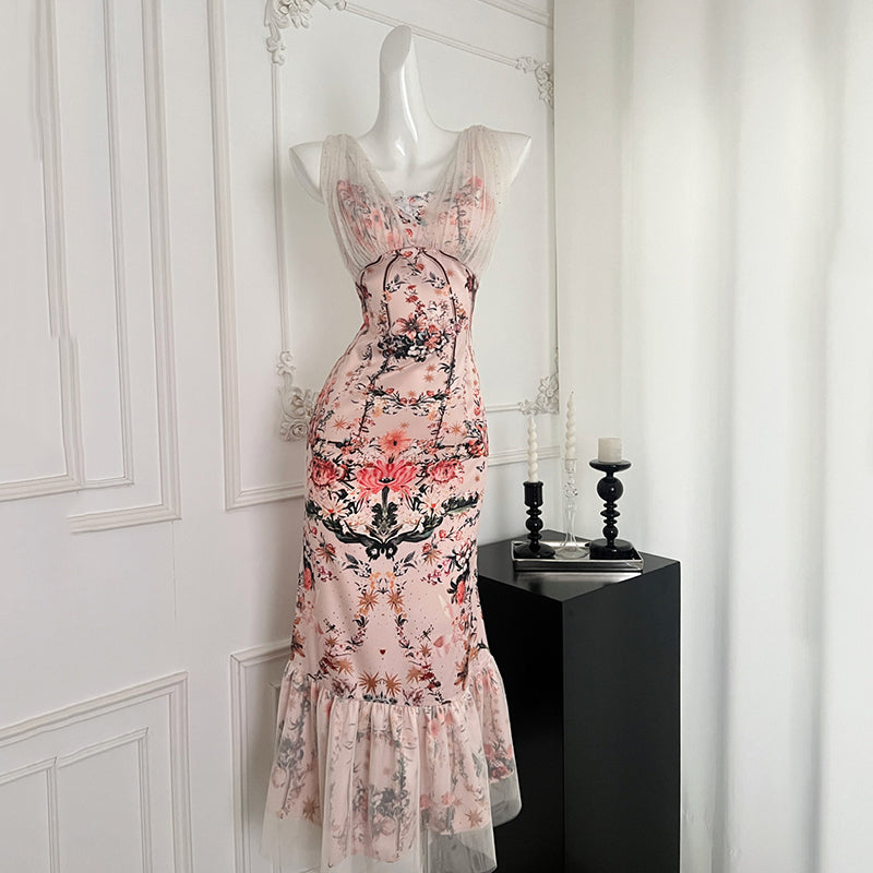 BXOXO - summer inspo Summer New Sling Strapless Fishtail Dress Fashion Print Long Dress High Waisted Slim Fit Sleeveless Backless Dress