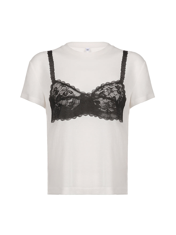 BXOXO - summer inspo Sweetown Black Lace Bra Print White Graphic T-Shirt Fashion Woman Blouse Tees O Neck Short Sleeve Casual Street Sweats Tops