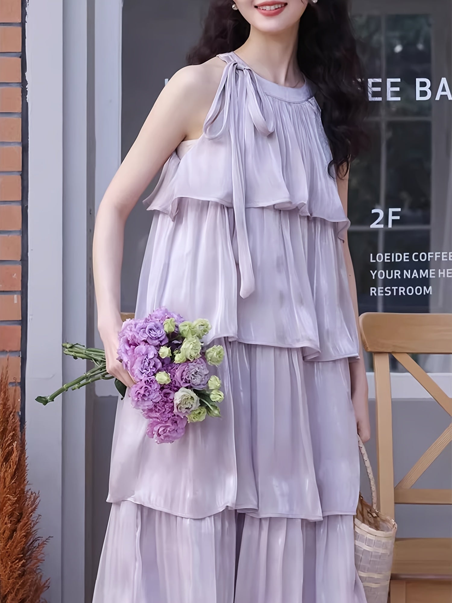 BXOXO 1pc Elegant French Halter Neck Off-Shoulder Cake Suspender Skirt Dress for Women - Summer New Casual Seaside Vacation Dress, Polyester, Round Neck, Sleeveless, Layered Cake Design, Mid-Length, Loose Fit, A-Line, Lightwe