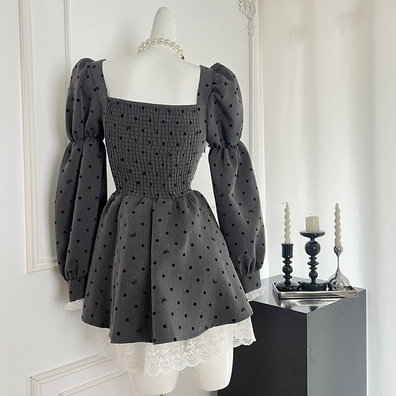 BXOXO - summer inspo Grey Polka Dot Dress Korean Style Retro High Waist Mini Dresses Women Fashion Lace Splicing Long Sleeve Dress
