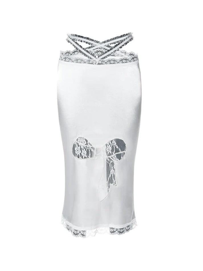 Lace Trim Splice Slim Midi Skirt