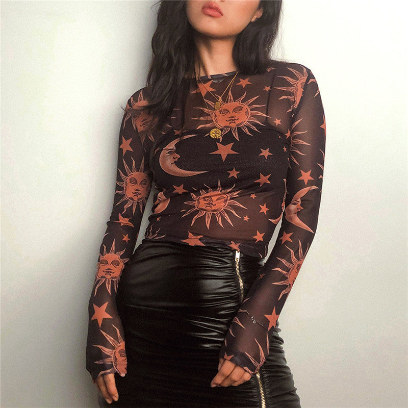 hipster Women's Mesh Hollow Butterfly Print Long-Sleeved Cropped T-shirt Bottoming Shirt for Women