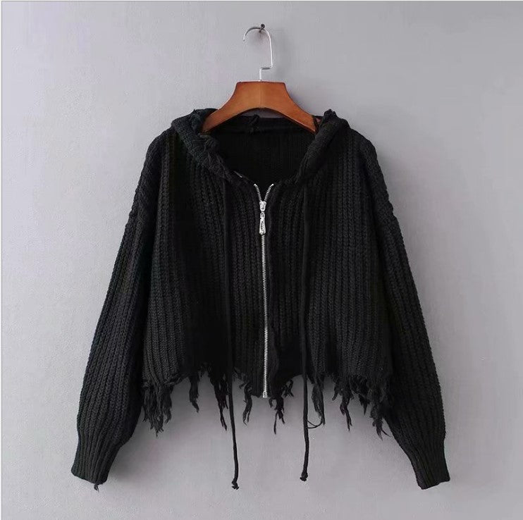 black sweater dress outfit Women's Hooded Tassel Knitted Cardigan Zipper Sweater Knitted Coat