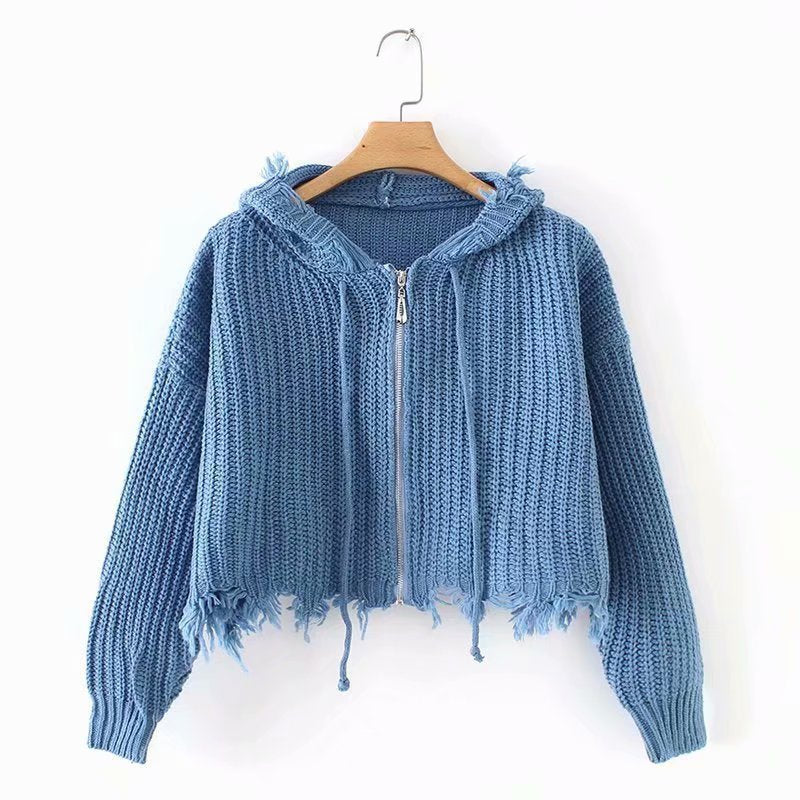 black sweater dress outfit Women's Hooded Tassel Knitted Cardigan Zipper Sweater Knitted Coat