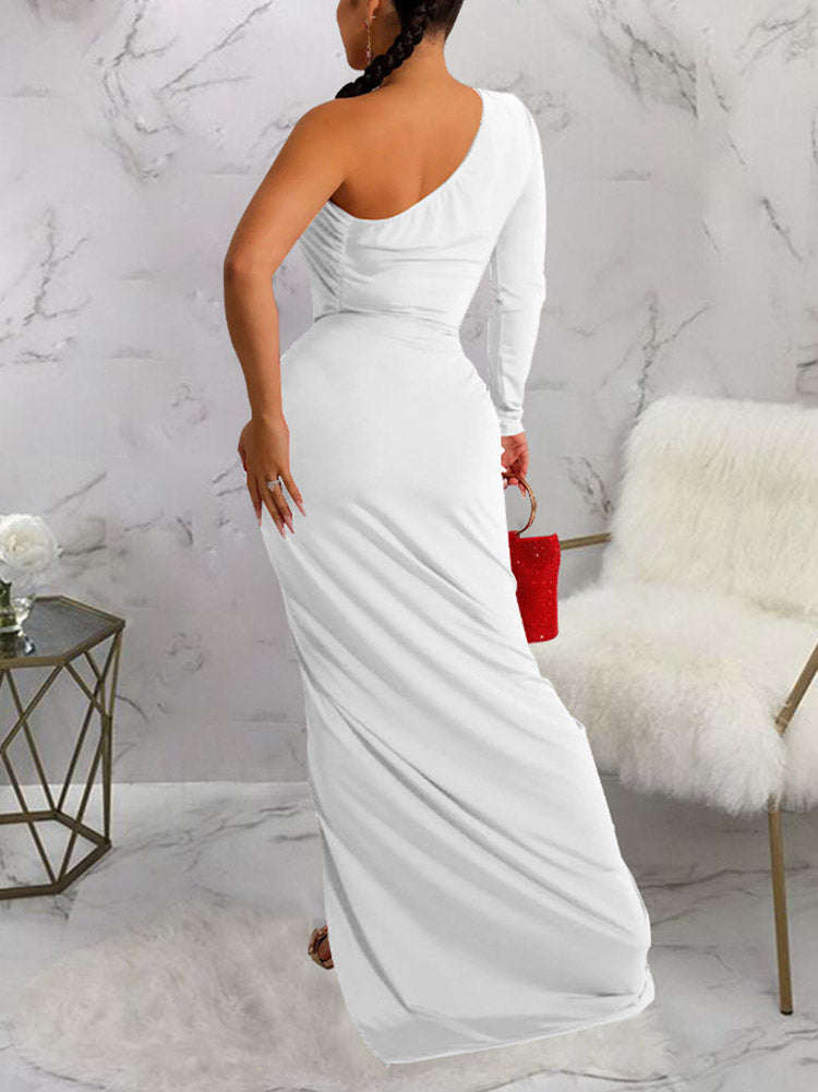 One Shoulder Ruched Split Dresses