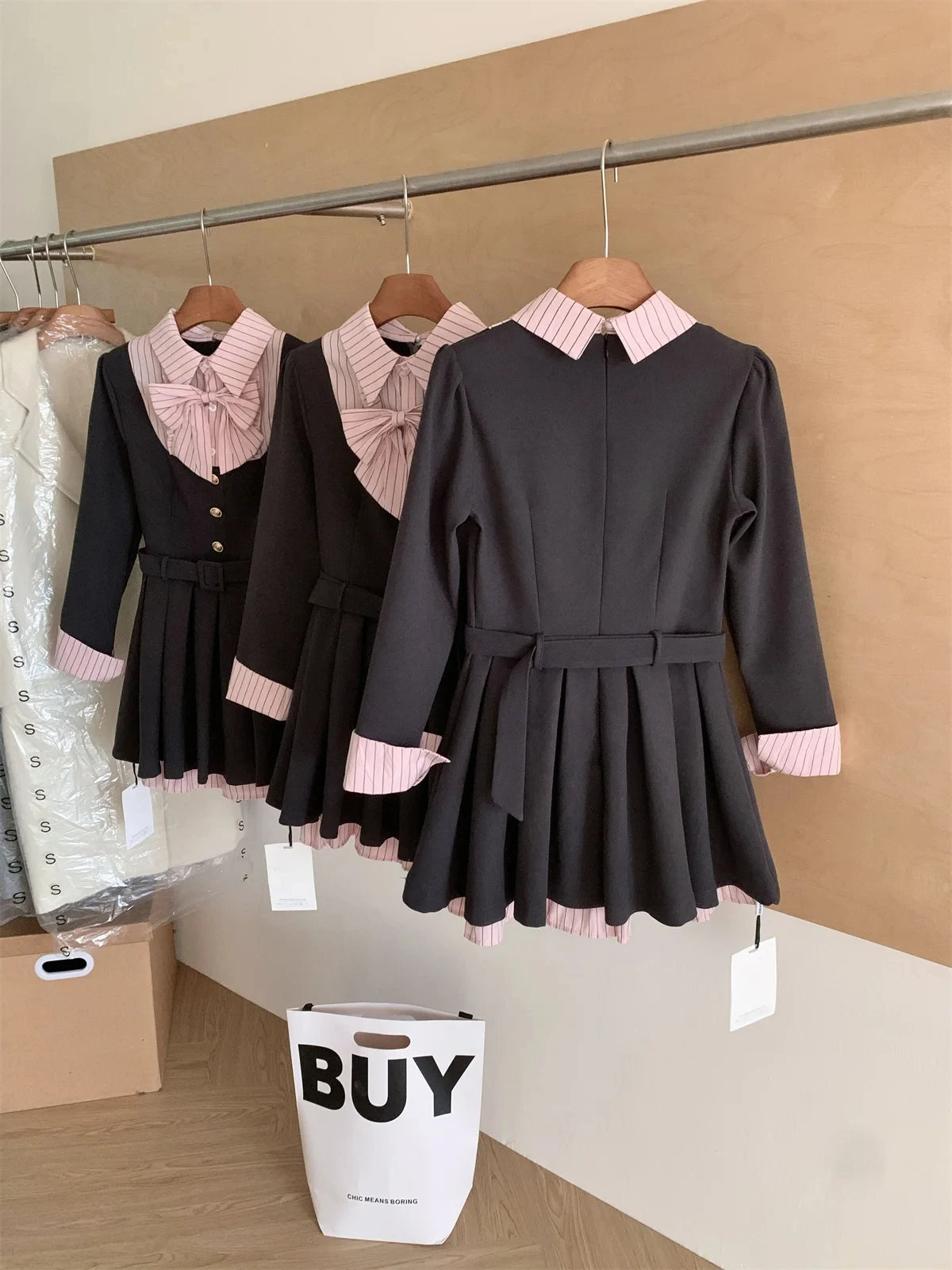 BXOXO Women Korean College Preppy Mini Fake Two Pieces Shirt Dress Korean Chic Girl Bow Frock Long Sleeve One-Piece 2000s Sweet Y2k