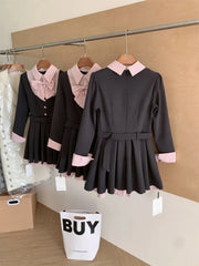BXOXO Women Korean College Preppy Mini Fake Two Pieces Shirt Dress Korean Chic Girl Bow Frock Long Sleeve One-Piece 2000s Sweet Y2k