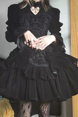 BXOXO Black Long Sleeves Jacquard Print Ruffle Classic Gothic Lolita Dress