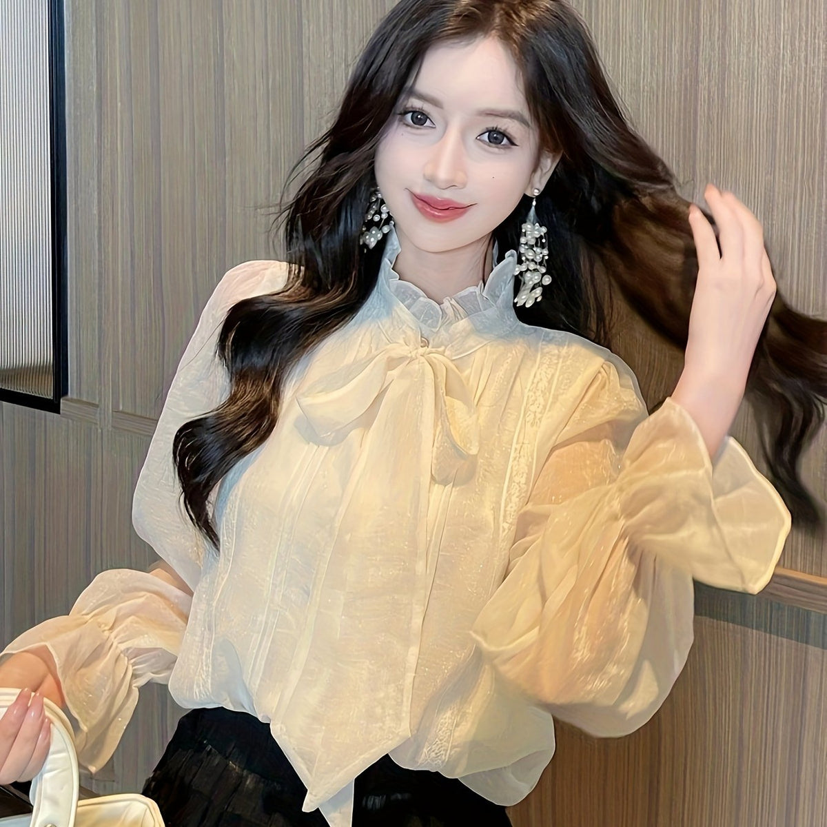 BXOXO Elegant French-Style Stand Collar Long Sleeve Chiffon Blouse with Delicate Bow Detail - Lightweight Polyester, Sheer Fabric, Perfect for Spring/Summer/Fall - Women’s Fashion Top, Elegant Casual Wear | Frenchinspired D