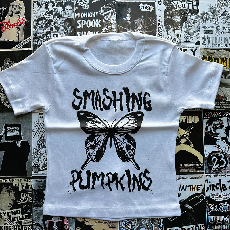 Bxoxo Y2K American retro punk gothic aesthetic White O-neck croped top hot girls sexy slim Harajuku  Casual hip hop baby short sleeves