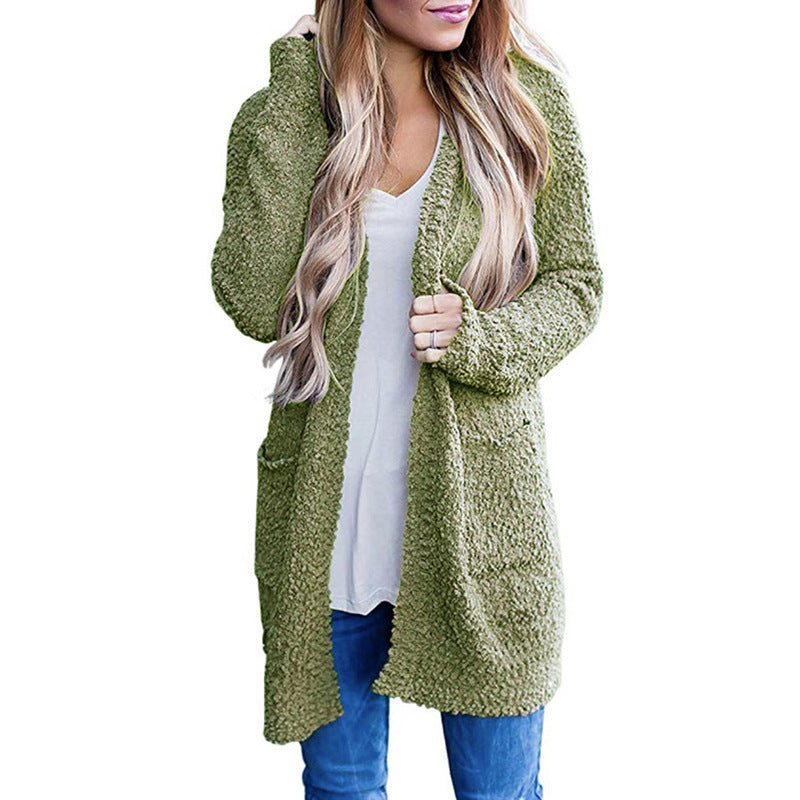 long sweater dress outfit Autumn and Winter Knitwear Solid Color Fleece Double Pocket Cardigan Sweater