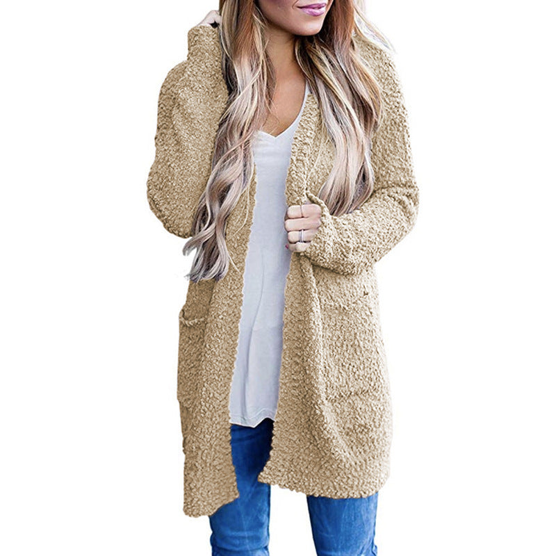 long sweater dress outfit Autumn and Winter Knitwear Solid Color Fleece Double Pocket Cardigan Sweater