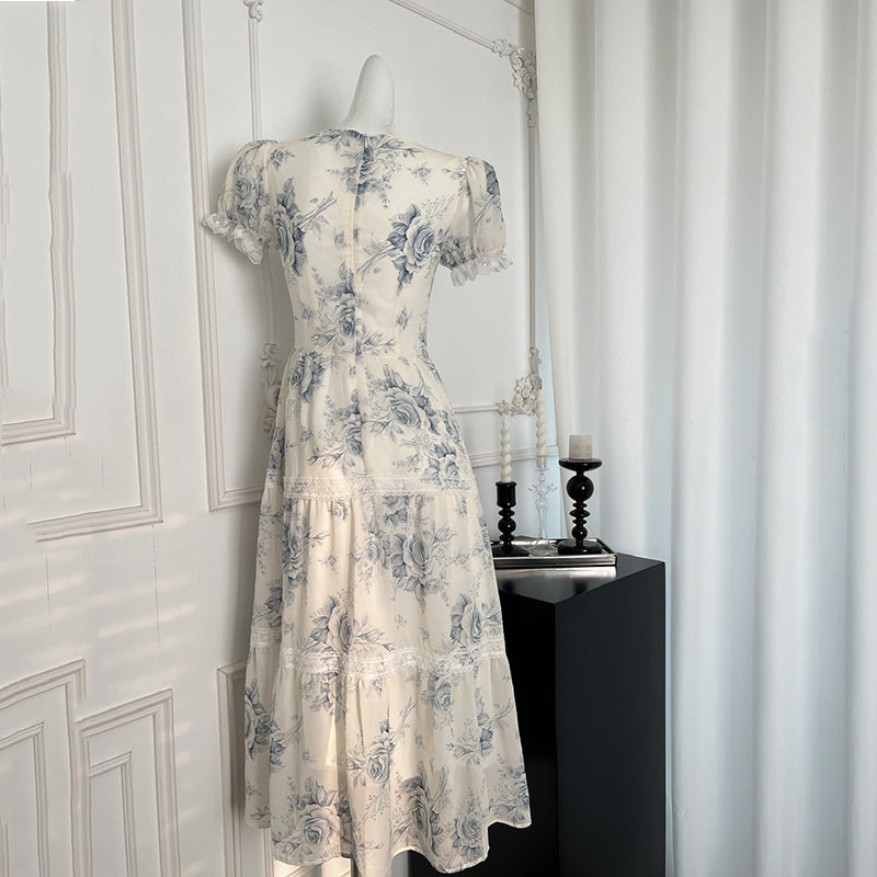 BXOXO - summer inspo Elegant Vintage Beach Long Dress Women Retro Floral Elegant Party Dresses Ladies Slim Short Sleeve Sweet Long Robe Vestidos