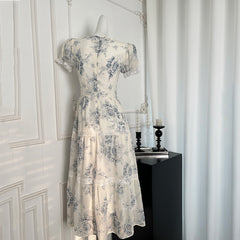 BXOXO - summer inspo Elegant Vintage Beach Long Dress Women Retro Floral Elegant Party Dresses Ladies Slim Short Sleeve Sweet Long Robe Vestidos