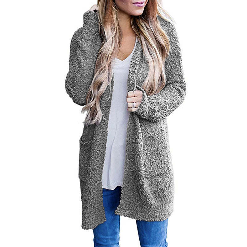 long sweater dress outfit Autumn and Winter Knitwear Solid Color Fleece Double Pocket Cardigan Sweater