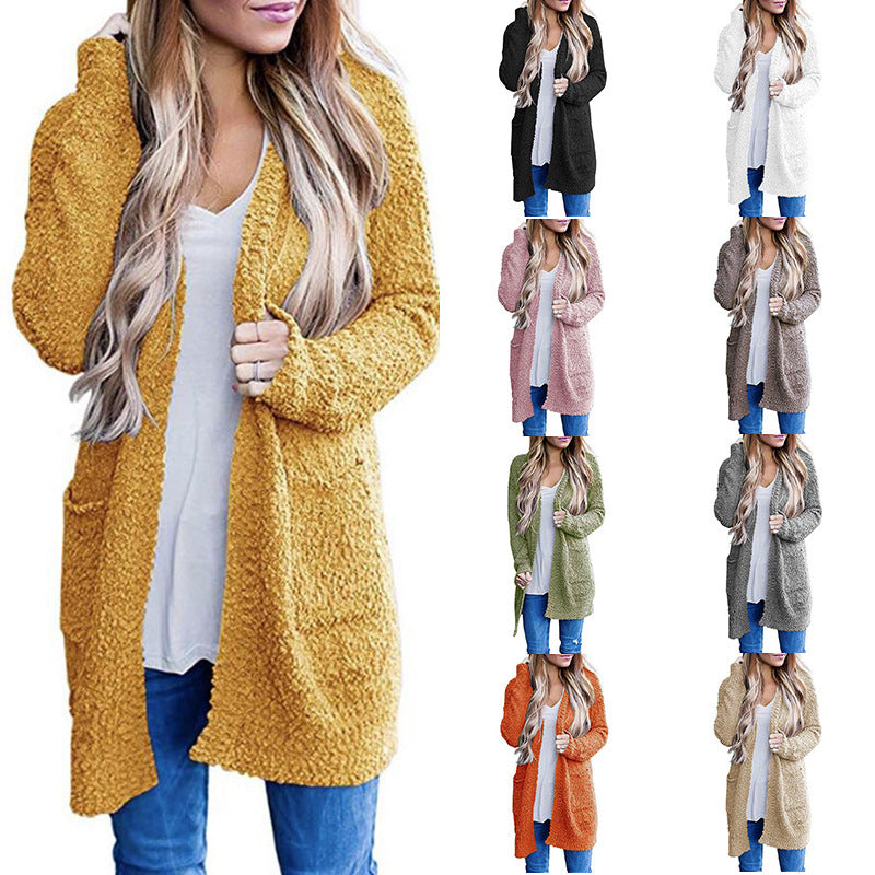long sweater dress outfit Autumn and Winter Knitwear Solid Color Fleece Double Pocket Cardigan Sweater