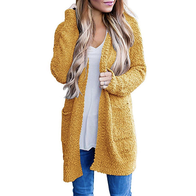 long sweater dress outfit Autumn and Winter Knitwear Solid Color Fleece Double Pocket Cardigan Sweater