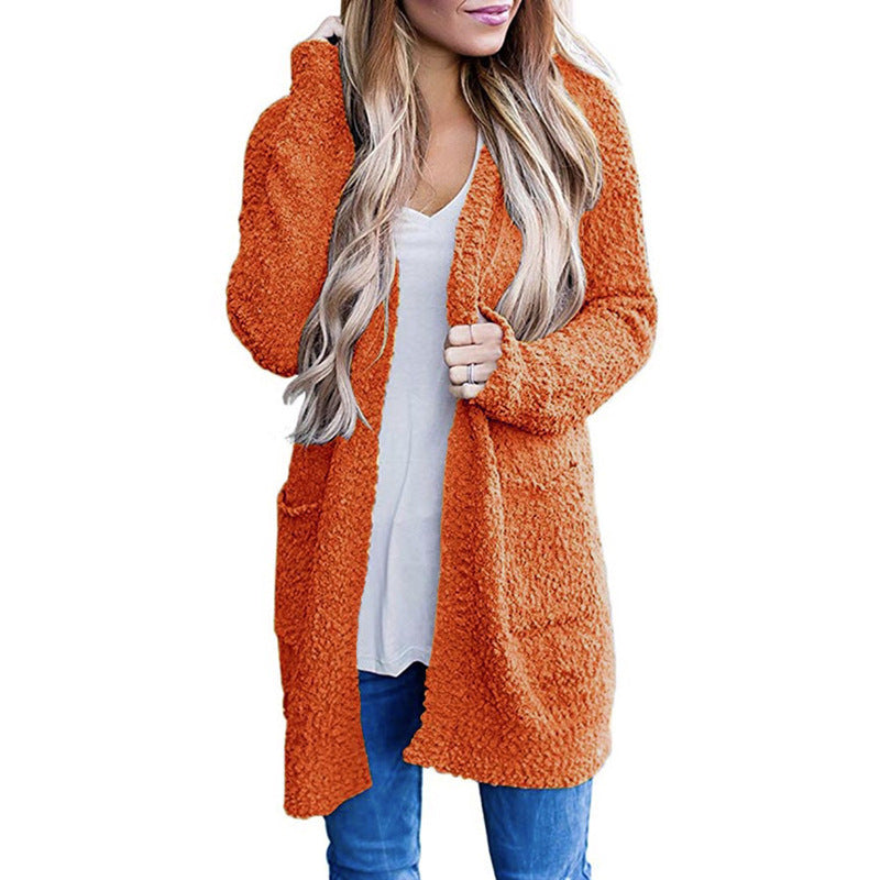 long sweater dress outfit Autumn and Winter Knitwear Solid Color Fleece Double Pocket Cardigan Sweater