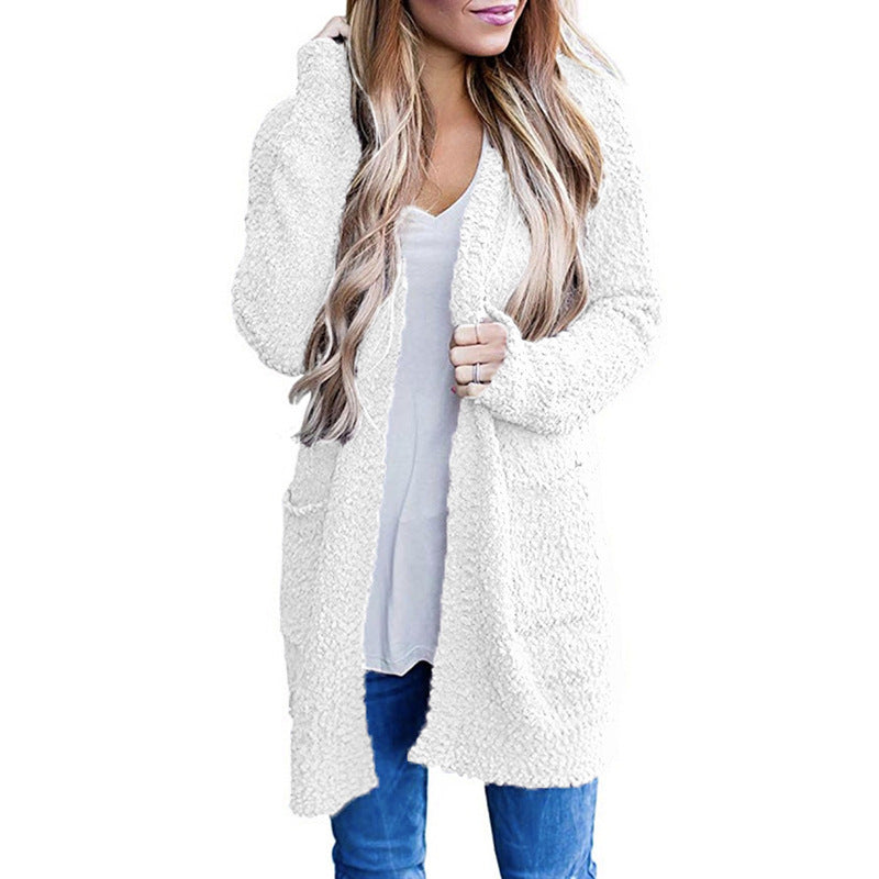 long sweater dress outfit Autumn and Winter Knitwear Solid Color Fleece Double Pocket Cardigan Sweater